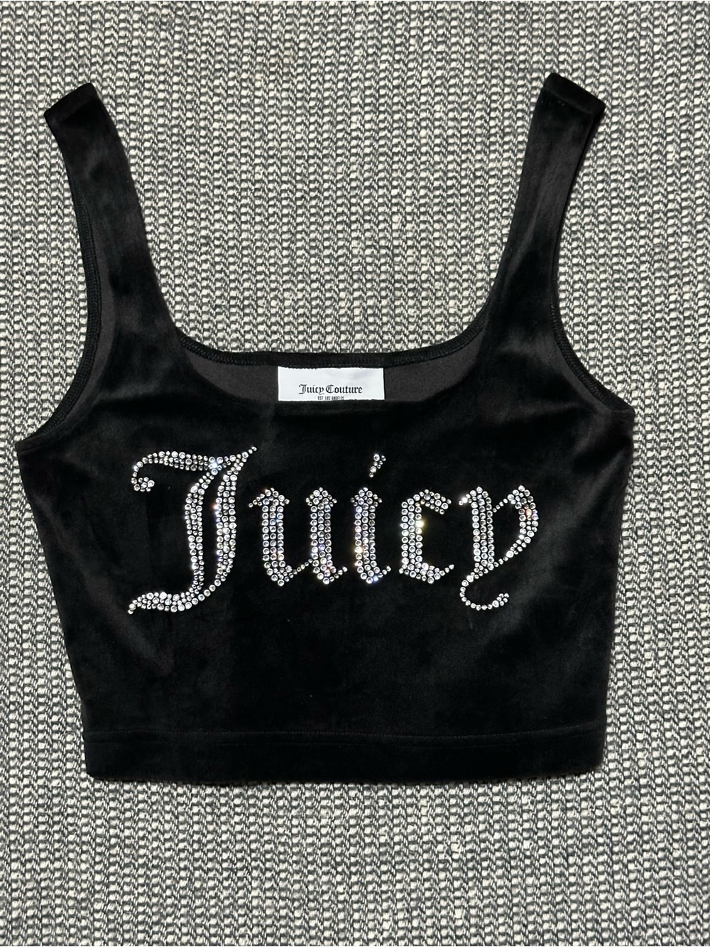 Juicy Couture Black Velvet Rhinestone Logo Crop Tank
